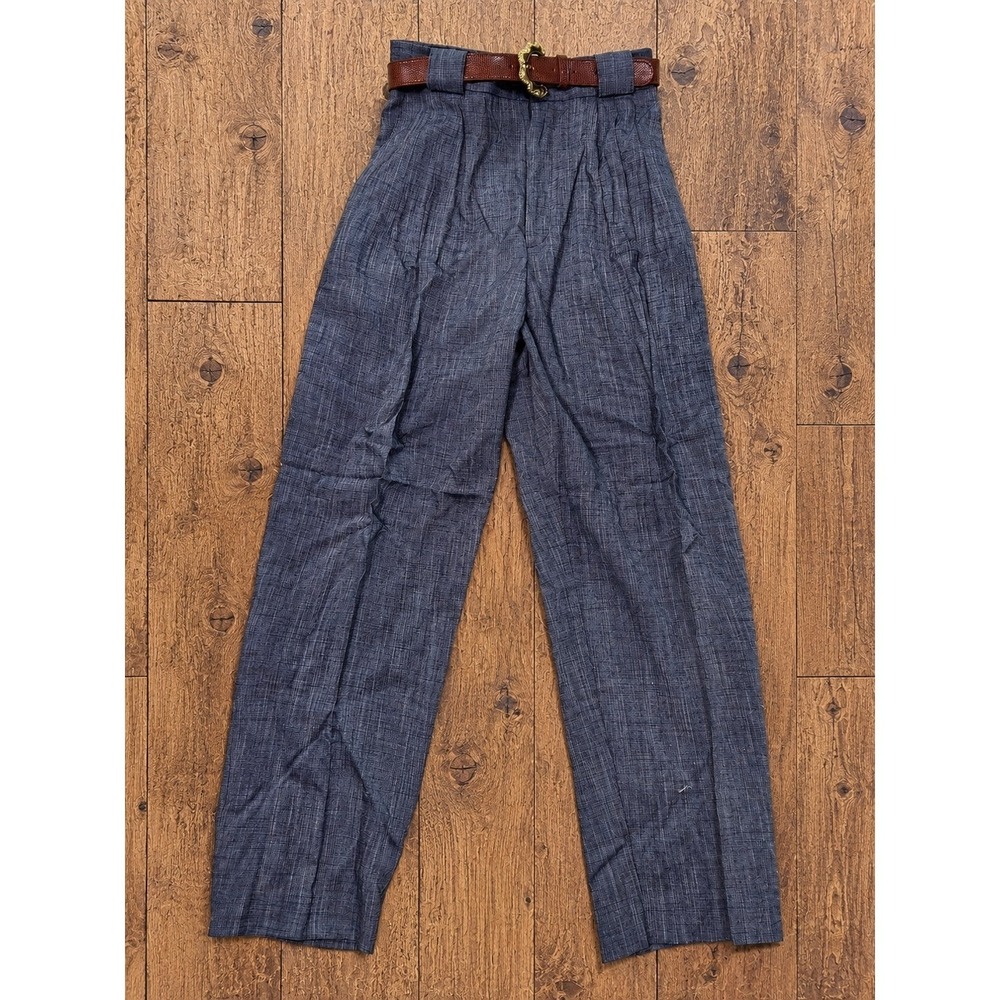 NWT Vintage 90s Blue Linen Blend Pants Pleated Trousers Belted Petite 8P Costal